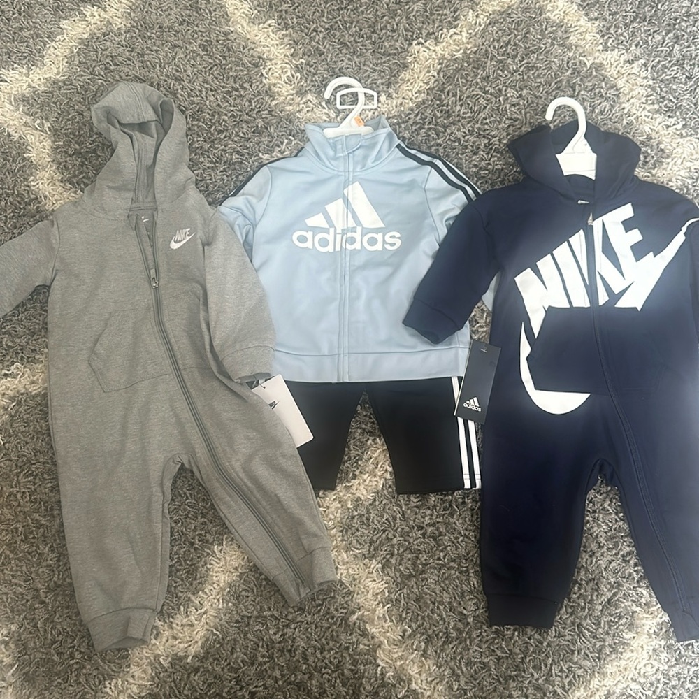 BRAND NEW WITH TAGS 12m Nike onesie (x2) and adidas hoodie and pants. 60% off
